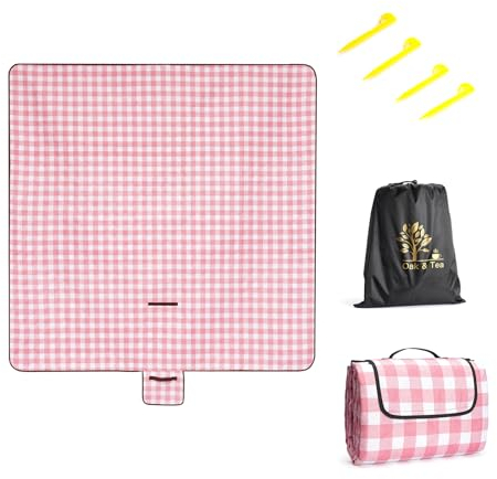 Oak & Tea Picnic Blanket Waterproof 200x200 CM Foldable Picnic Blankets Beach Blanket Easy to Store Machine Washable, Red White Plaid