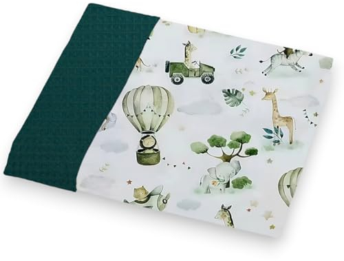 Ahoiikids Krabbeldecke für Babys aus 100% Baumwolle, 70x90 cm, Dünn & Füllungsfrei, Beidseitig Verwendbar, Weiche & Sanfte Waffelstruktur, Kuscheldecke & Spieldecke - Design: Safari in Dunkelgrün