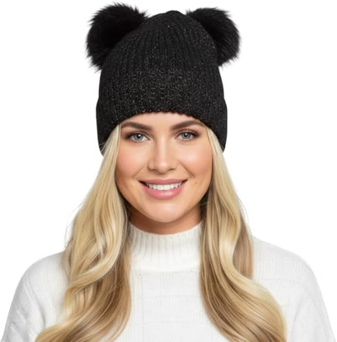 A2Z Ladies Hat Ribbed Gold Lurex Knitted Twin Faux Fur Pom Pom - Hat LH1168 Black One Size