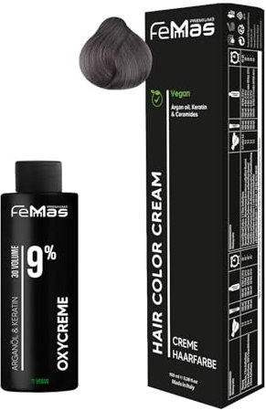 Set de coloración capilar FemMas Rubio claro ceniza intenso 8.11 | Crema para colorear el cabello 100ml + Oxycrema 100ml 9% | Coloración capilar permanente + revelador | Suave y duradero | Coloración
