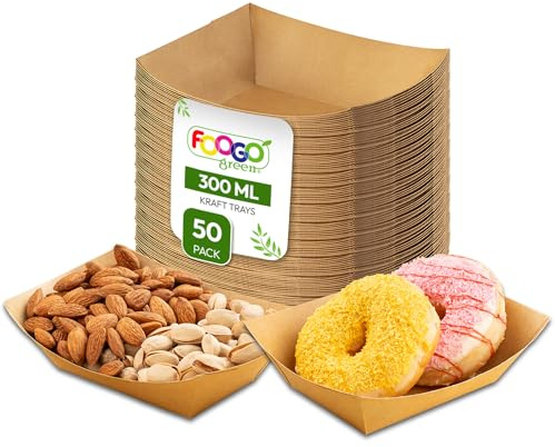 FOOGO Green 50pcs Party Paper Food Trays 300ml (10oz), FSC® Certified, 16.3x13x4cm, Preassembled Medium Takeaway Food Boxes, Eco-Friendly Water & Oil-Proof, Disposable Cardboard Serving Trays