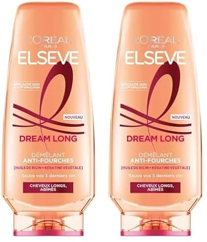 L'Oréal Paris - Après-Shampooing Démêlant Anti-Fourches - Pour Cheveux Long et Abîmés - Enrichi en Kératine Végétale et Huile de Ricin - Elseve Dream Long - 200 ml (Lot de 2)