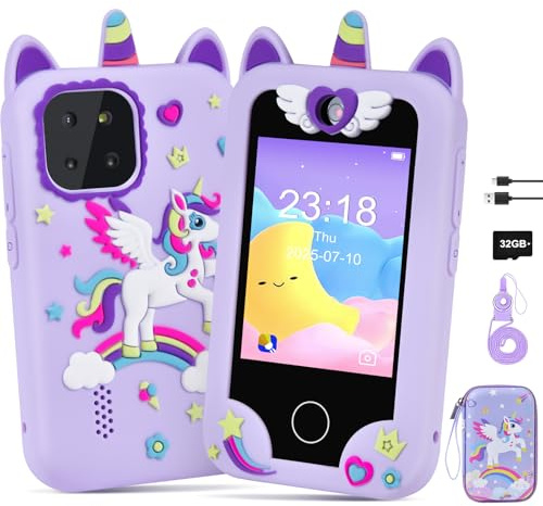 Jusvenmt Kids Smart Phone for Girls, Kids Camera Toy Phone for Ages 3 4 5 6 8 Year Old, Christmas Birthday Gifts Toddler Cell Phone with Touchscreen, 44 Games, Music Player, 32GB Card & Bag Purple