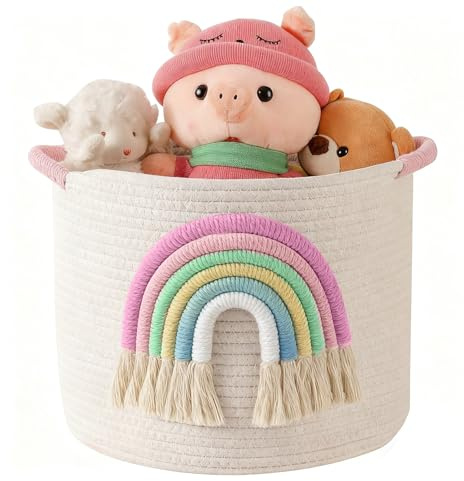 Cestini portaoggetti per giocattoli in corda di cotone intrecciato con decorazione arcobaleno 3D per bambini cestini multifunzionali per coperte per soggiorno organizer per giocattoli con manico per