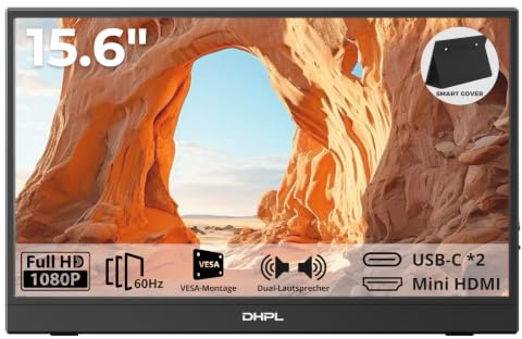 DHPL Écran Portable 15,6 IPS FHD 1080P – Écran d'extension USB-C/Mini HDMI, Housse Intelligente + Haut-parleurs intégrés, Compatible Ordinateur Portable, PC, Mac, PS5, Xbox, Switch