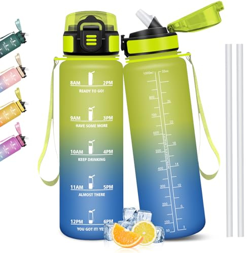 Mulbijeo Borraccia 1 Litro, Libre de BPA & A Prova di Perdita, con Cannuccia, Reutilizables, Borraccia Motivazionale, Portatile, Borracce Palestra per Scuola, Palestra, Ufficio, Sport