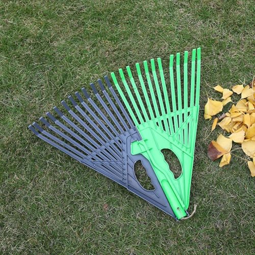 FUBESK Rastrillo de jardín grande en forma de abanico para un aseo eficiente de hojas y césped, herramienta de plástico resistente con agarre cómodo