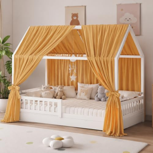 Dosel para cama de casa de 100 % algodón muselina, cortina para cama infantil, cama de casa, decoración para niñas, dosel de tela para cama de casa y cama con dosel (amarillo, 270 x 67 cm (2 unidades)