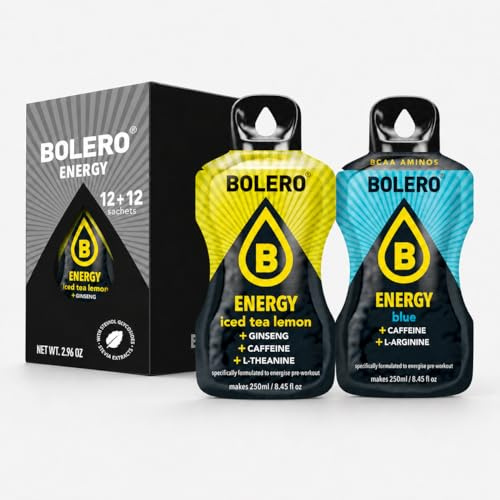 Bolero Energy 12 Blue + 12 Iced Tea Lemon Limone, Bustine Monodose da 7 gr - Bevanda Energetica Istantanea Pre Workout (24 totali)