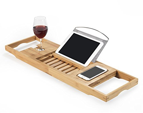 Badewannenablage, Badewannenbrett, Badewannentisch, Badewannentablett zum Baden in der Badewanne - ausziehbare Holzablage aus Natur Holz Bambus - bietet Platz für Buch, Badeprodukte, Glas u.v.m.