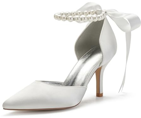 Women's Pearl Ivory Wedding Shoes for Bride High Heels Pointed Toe Bridal Shoes Satin Prom Party Dress Pumps Sandals 602-1