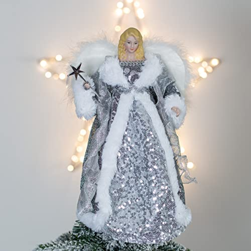 The Christmas Workshop 71089 Angel Tree Topper / 12” Tall/Silver and White Dress/Indoor Christmas Decoration