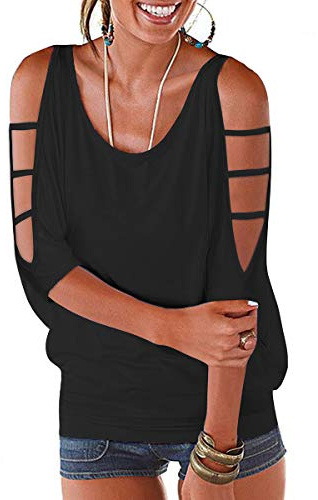 Top Negro Mujer 2026 Elegantes Manga 3/4 Basicas Oversize Sexy Tshirt de Verano Hombros Descubiertos Cuello Redondo Holgada Casual
