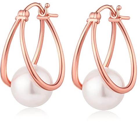 Boucles d'oreilles Perles Argent Sterling 925 Boucles d oreilles Créoles avec Perle Huggie Bijoux Cadeaux pour Femmes Perles blanches 10 mm Or rose
