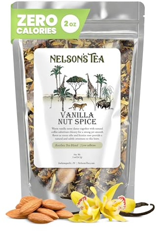Nelson's Tea Vanilla Nut Spice - Cut & Sifted, Low Caffeine Rooibos Loose Leaf Tea with Honeybush, Yerba Mate, Chicory Root, Licorice Root, Cardamom Seeds, Coconut and Marigold Herbal Blend (2 oz)