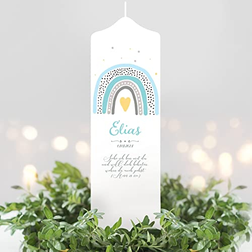 Wandtattoo Loft Taufkerze Junge mit Taufspruch, Motiv mit blauen Regenbogen, 25cm x 7cm, personalisierte Kerze, bedruckte Kerze zur Taufe, Stumpenkerze, Geburtskerze, individuelles Taufgeschenk