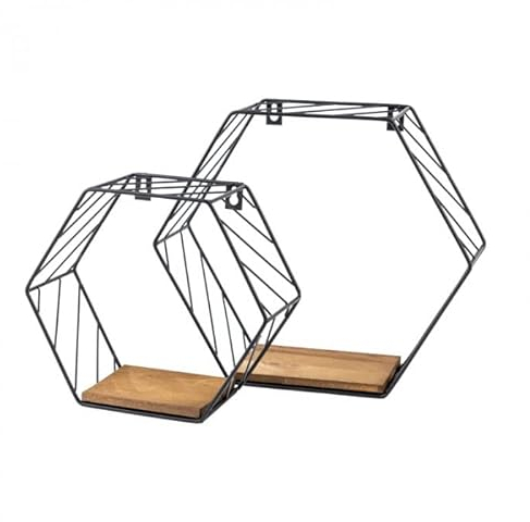 Velano - Hexagon Loft Wandregal Komplettset, Metallregal, Schweberegal, Hängeregal - 29/22 cm, Schwarz Eisen, Kiefernholz - 2er-Set Regale für Küche, Badezimmer, Wohnzimmer, Schlafzimmer - FWL 3