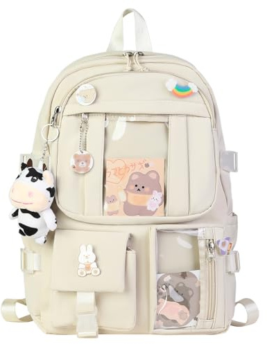 HORHEAR Sac à dos Kawaii pour L'école, Sac à dos Mignon avec Accessoires Kawaii, Broche et Pendentif,Animal en Peluche