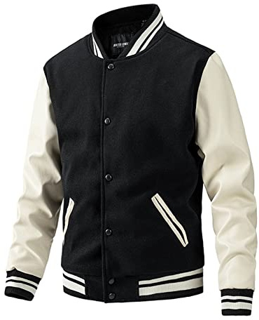 SOOUICKER College Jacke Herren Oldschool Lederärmel Bomberjacke Winter Football Lederjacke Warm Kunstleder Baseball Jacke Zweifarbig