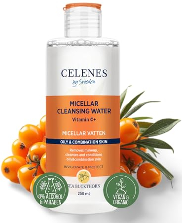 Celenes by Sweden Eau Micellaire Nettoyant Visage à l'Argousier, 250ml - Avec Vitamine C, Sans Alcool/Parabèn - Demaquillage Visage Idéale pour Peaux Grasses&Mixtes, Soins Pour Le Visage Profond