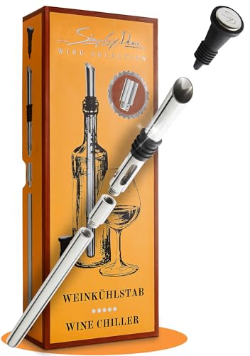 SIMPLEX DOMO 4-in-1 Weinkühlstab Premium Set - 100% Edelstahl Ausgießer & Weinkühler, inkl. Verlängerung & Flaschenverschluss - Spülmaschinengeeignet - Elegante Geschenkbox