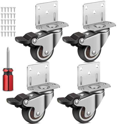 Ruote per Mobili 38MM, Set di 4 Ruote per Mobili Pesanti, Piastra di Montaggio a L Rotelle con Freno, Ruote per Carrello di 360°Ruotabili, Carico Massimo 80kg,per Tavolini, Scaffali per Piante