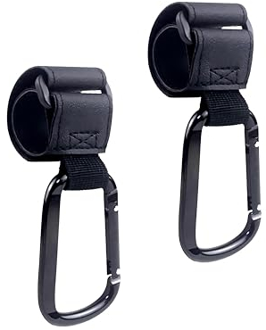 CYCLYTE 2 Stück Kinderwagen Haken für Wickeltasche, Kinderwagenhaken Taschenhalter XXL, Befestigung und Halterung für Zubehör Klettverschluss Stroller Hooks in Universeller Passform (schwarz)