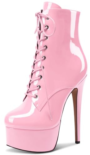 NobleOnly Femmes Aiguille Haut High Plate-forme Talon Heel Rond Bout Lacets Fermeture à Glissière Danse Bottines 15 CM Heels Rose 36 EU