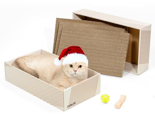 Conlun Cat Scratcher Box with 4 Cat Scratching Board&2 Separate Cardboard Boxes&1 Toy Ball, 2-in-1 Scratch Box for Multiple Kitten Rest Interactive Play,Birthdays Holidays Kitty Toys Gifts