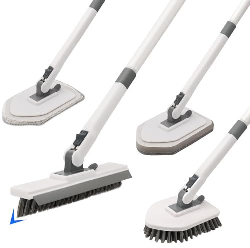 Jubor Spazzola per Pulizia 4 in 1, Spazzola per Pavimenti Doccia con Manico Lungo 136cm, Scrubber per Bagno con Setole Rigide, Spugna per Pulizia, Microfibre per Bagno, Pavimento, Vasca, Parete