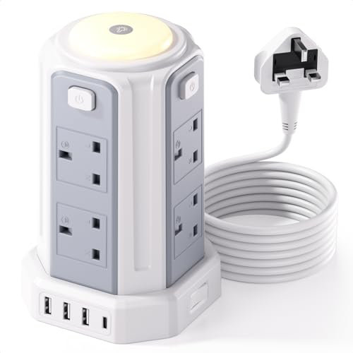 Tower Extension Lead 3M, (3250W 13A) Extension Tower with Night Light 8 AC Outlets & 4 USB Ports Surge Protection Extension Lead with 4 Independent Switch, Extension Cable 3M for Office, Home