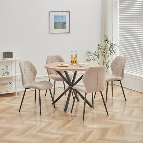 DEYARNA HOME Essgruppe Set Tisch und Stühle, 100cm Runder Esstisch und 4 Leinen-Esszimmerstühle, 4 Stühle & Tisch für Küche, Esszimmer und Wohnzimmer (Khaki-LX, 100 * 100 * 76.5cm (Helle Holzfarbe))
