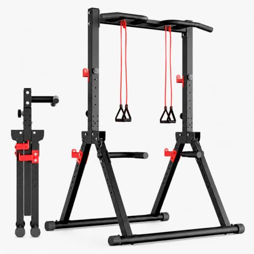 Maniboom Barra Dominata Pieghevole e Supporto per Pesi - Stazione Multifunzione per Dominate in Casa (200 kg), Pull Up Bar Regolabile (175-225 cm) con Impugnature per Fondi e Corde TRX