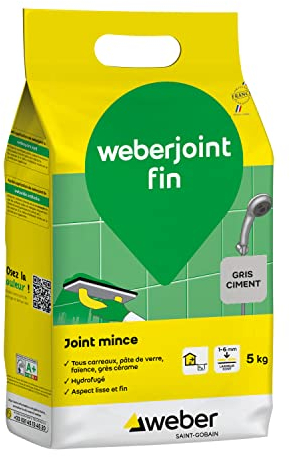 WEBER Joints minces carrelage sol et mur, Gris ciment, 5kg, mortier, Weberjoint fin