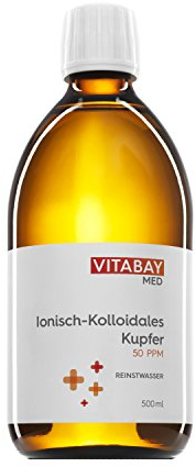 Vitabay Kolloidales Kupfer 50 PPM • 500 ml • Hochdosiert • Reinheitsstufe 99,99% • Ohne weitere Zusätze • Abgefüllt in einer Braunglasflasche • Made in Germany