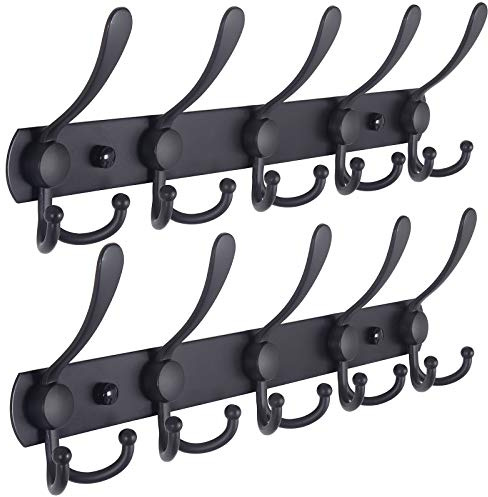 Dseap Coat Rack Wall Mounted - 5 Tri Hooks, Heavy Duty, Stainless Steel, Metal Coat Hook Rail for Coat Hat Towel Purse Robes Mudroom Bathroom Entryway (Black, Pack of 2)