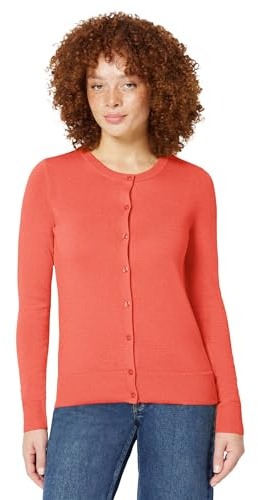 Amazon Essentials Women's Lightweight Crewneck Cardigan Jumper (Available in Plus Size), Coral Pink, L