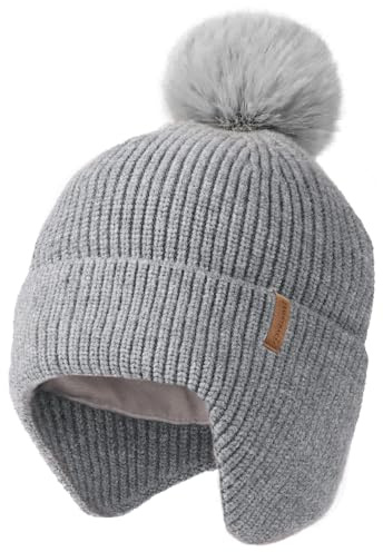 Camptrace Toddler Baby Winter Hat Warm Fleece Lined Knit Kids Hat with Earflap Infant Newborn Pom Beanie Knit Cap Girls Boys Grey