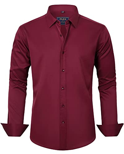 J.VER Men's Dress Shirts Solid Long Sleeve Stretch Wrinkle-Free Formal Shirt Business Casual Button Down Shirts Burgundy XXL