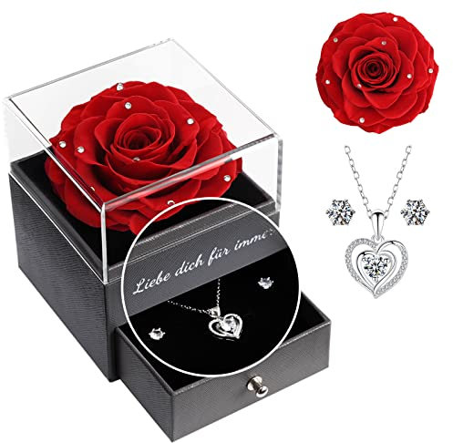 Yamonic Infinity Rosen Geschenke für Frauen Ewige Rose mit Herz Halskette 925 Sterling Silber Damen Kette schmuck Geschenke Für Mama Oma, Konservierte Echte Rose Geschenk Valentinstag Muttertag