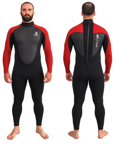 Matai Wetsuits Mens 3/2mm Neoprene Super Stretch Back Zip Full Length Wetsuit for Surfing Swimming SUP Canoe Kayak Sailing Windsurfing (MT, Black/Red)