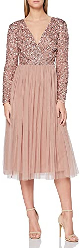 Maya Deluxe Damen Maya Deluxe Midi Elegant Hochzeit Ärmel Tiefer V Ausschnitt Pailletten Cocktailkleid Abschlussball Bridesmaid Dress, Pale Mauve, 46 EU