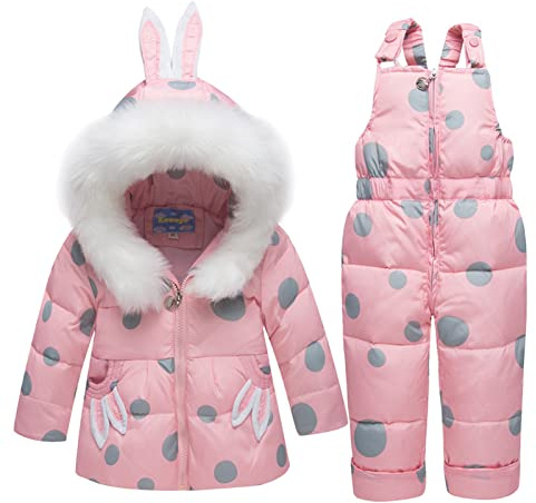 2 Piezas Traje de Nieve para Niños Chaqueta de Plumón con Capucha Abrigo + Pantalones de Nieve Conjunto de Esquí para Niña 18-24 Meses Rosa
