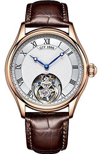 AESOP Tourbillon Men Mechanical Watches Luxury Skeleton Hand Wind Wristwatches Stainless Steel Sapphire Crystal Waterproof Dress Business Watch with Genuine Leather Strap (Rose Gold-White-T09)