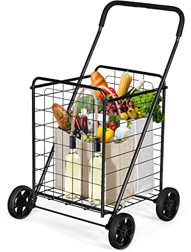 GYMAX Carrito Plegable 83 L, Multiusos Resistente con Asa y Ruedas Grandes, Versátil con Cesta de Metal para Almacenes, Supermercados y Lavandería (Negro)