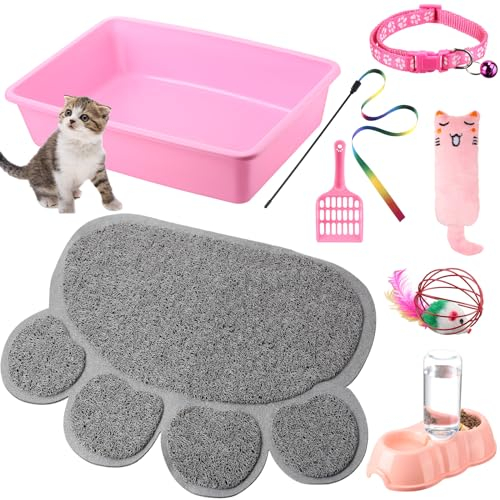 Starter-Set für kleine Katzen, 7-teilig, Katzentoilette mit Schaufel, Katzenpfoten-Matte, doppelte automatische Katzennäpfe, Katzenspielzeug, Teaser, Stick, Katzenhalsband, kleine Katzen,