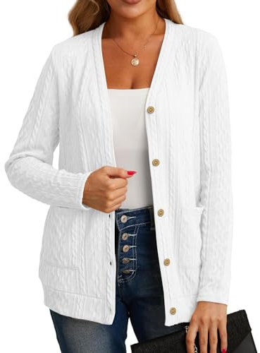 GRECERELLE Gilet Femme Cardigan Chic et Elégant Torsadé pour l'Automne avec Boutons Col en V et Poches Pratiques (Blanc, L)