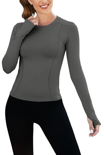 IECCP Tight Workout Tshirt Women's Long Sleeve Running Shirts with Thumbholes Stretch Breathable Athletic Base Layer Top Grey Small