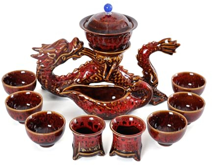 fanquare Halbautomatisches Teeset Drachen-Kungfu-Teeset Chinesisches Teeservice Rot 11-teiliges Traditionelles Teekannen-Tee-Tassen-Set Porzellan Teeservice Set für Erwachsene Geschenke