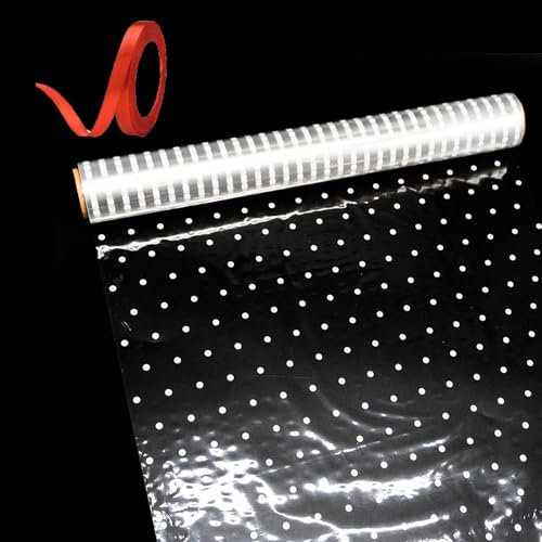 AMANDELIZABE Cellophanrolle, 30 m x 40 cm, transparentes Zellophanpapier, Blumenverpackung, mit 1 leuchtend rotem Band, transparente Cellophanfolie für Geschenkpapier